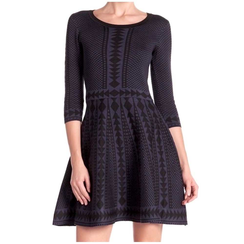 Nina Leonard Womens Navy Black Geometric Jacquard Fit & Flare Sweater Dress L